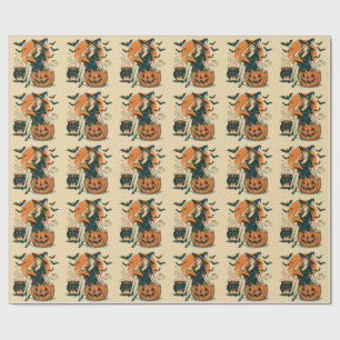 Halloween Vintage Witch on Pumpkin Bats Cauldron Wrapping Paper