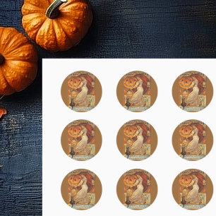 Halloween Vintage Woman and Jack o' Lantern Classic Round Sticker