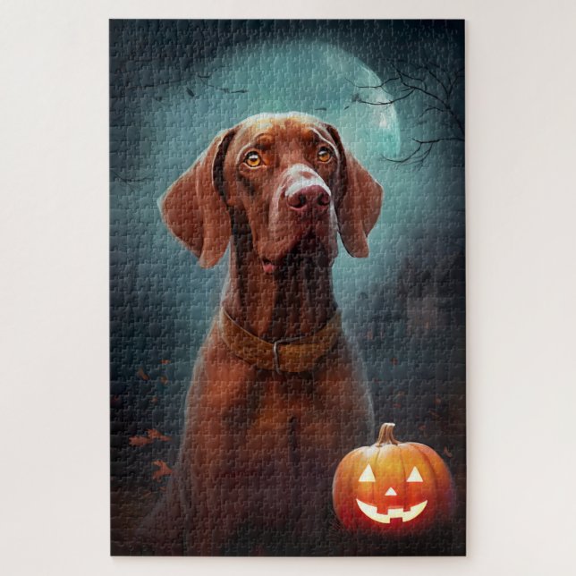Halloween Vizsla With Pumpkins Scary Jigsaw Puzzle (Vertical)