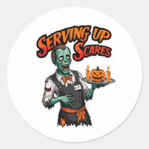 Halloween Waiter Serving up Scares Classic Round Sticker