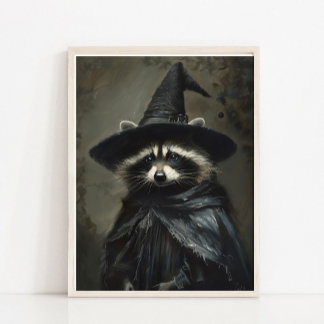 Halloween Wall Art, Cute Witch Raccoon Vintage Pai Poster