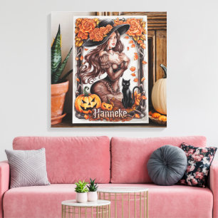 Halloween Wall Art: Woman with Black Hat & Orange  Canvas Print