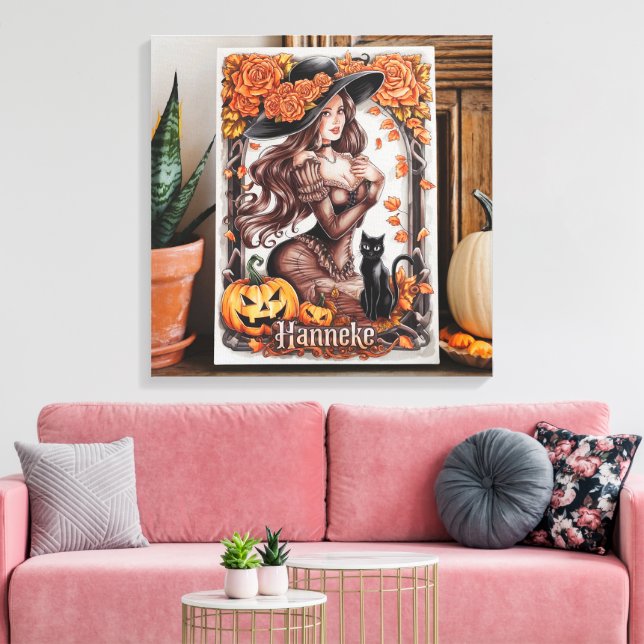 Halloween Wall Art: Woman with Black Hat & Orange  Canvas Print (Insitu(LivingRoom))
