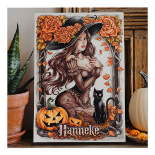 Halloween Wall Art: Woman with Black Hat & Orange  Poster