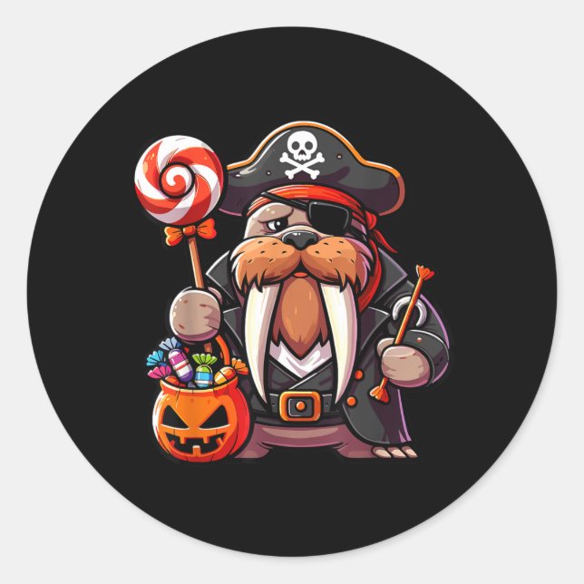 Halloween Walrus Pirate Eye Patch Candy Bag Classic Round Sticker (Front)