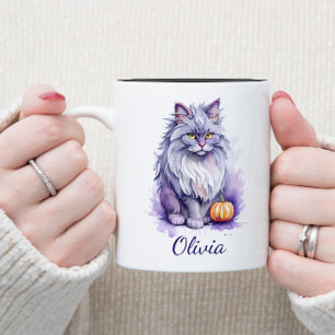 Halloween watercolor angora cat with pumpkin Two-Tone coffee mug