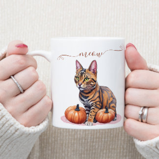 Halloween watercolor bengal cat with pumpkin coffee mug