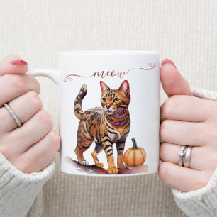 Halloween watercolor bengal cat with pumpkin coffee mug