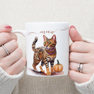 Halloween watercolor bengal cat with pumpkin coffee mug
