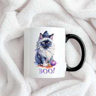 Halloween watercolor birman cat with pumpkin mug