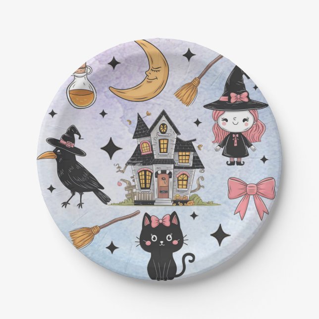 Halloween Watercolor Crow Witch Cat Moon Pattern   Paper Plate (Front)
