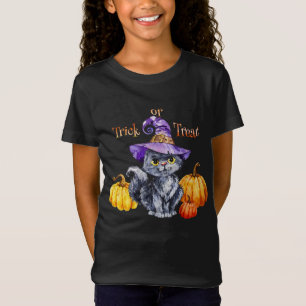Halloween - Watercolor Cute Kitten Hat and Pumpkin T-Shirt