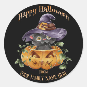 Halloween - Watercolor Cute Kitten in Pumpkin Classic Round Sticker