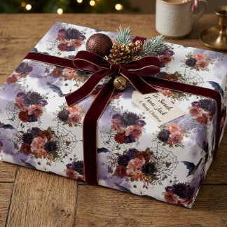 Halloween Watercolor Floral Bats Spiderweb Wrapping Paper