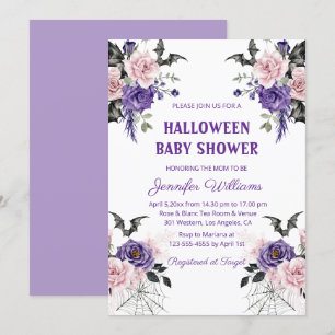 halloween watercolor floral gothic baby shower invitation