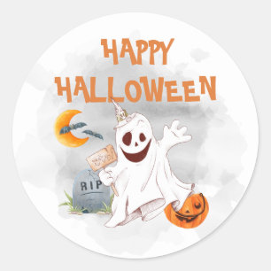 Halloween Watercolor Ghost   Classic Round Sticker