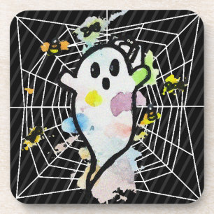Halloween Watercolor Ghost Spider Web Coaster