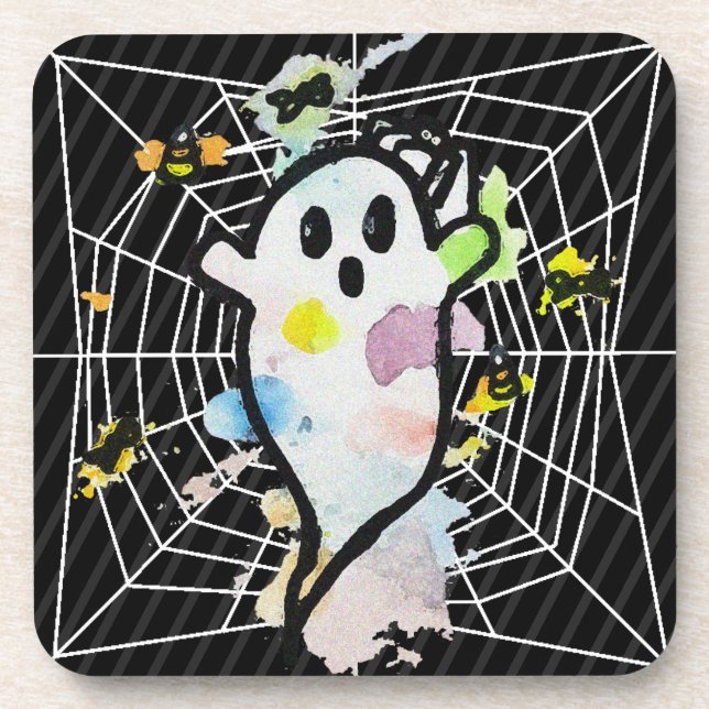 Halloween Watercolor Ghost Spider Web Coaster (Front)