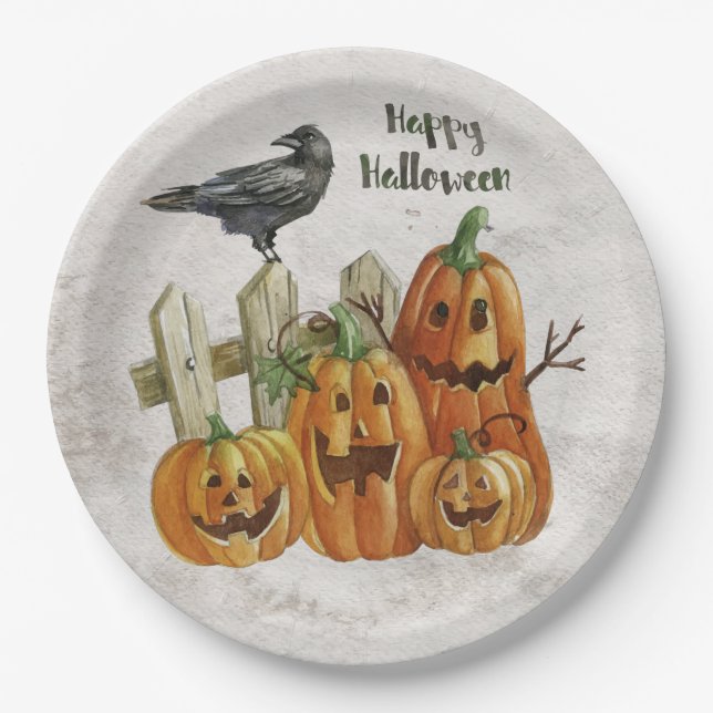 Halloween Watercolor Happy Pumpkins Paper Plate (Front)