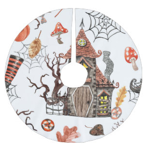 Halloween Watercolor: Haunted House Pattern. Brushed Polyester Tree Skirt