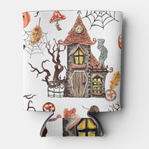 Halloween Watercolor: Haunted House Pattern. Can Cooler