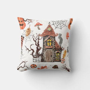 Halloween Watercolor: Haunted House Pattern. Cushion