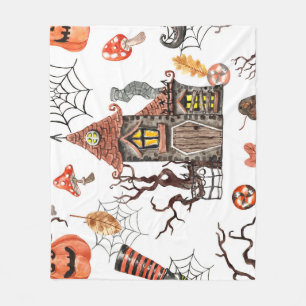 Halloween Watercolor: Haunted House Pattern. Fleece Blanket