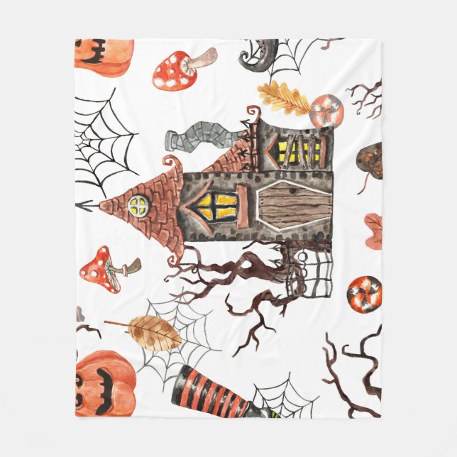 Halloween Watercolor: Haunted House Pattern. Fleece Blanket (Front)