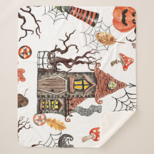 Halloween Watercolor: Haunted House Pattern. Sherpa Blanket