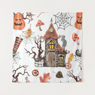 Halloween Watercolor: Haunted House Pattern. Tapestry