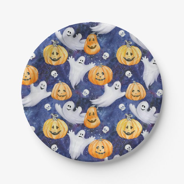 Halloween Watercolor Pattern Paper Plate (Front)