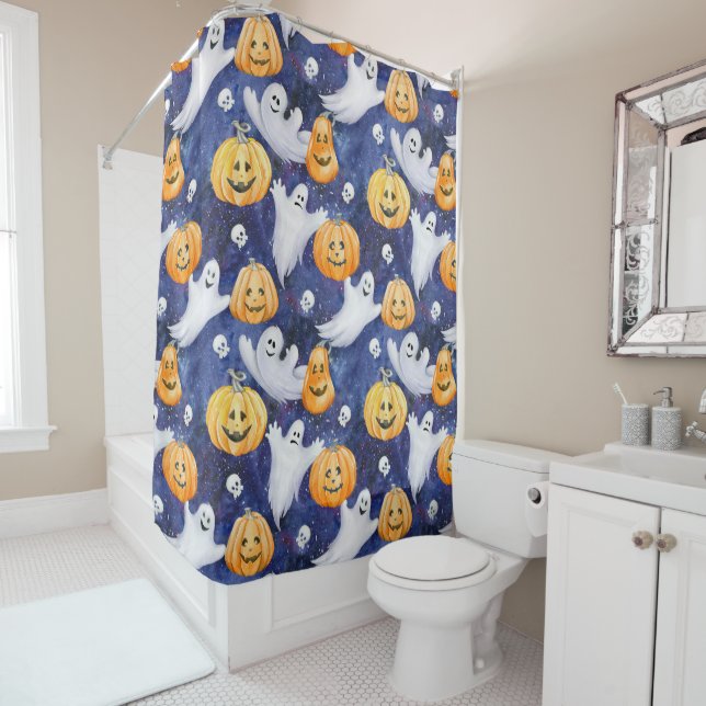 Halloween Watercolor Pattern Shower Curtain (In Situ)