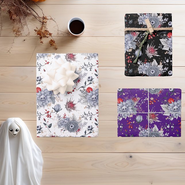 Halloween Watercolor Pattern Skull Floral  Wrapping Paper Sheet (Creator Uploaded)