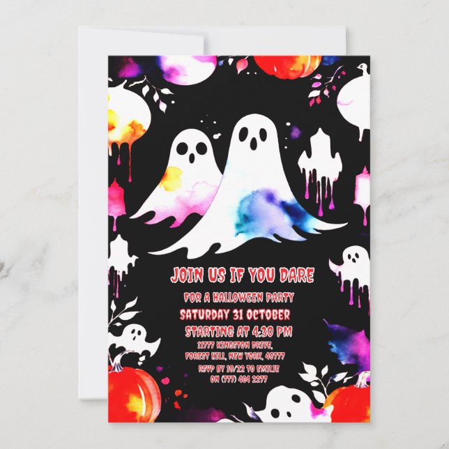 Halloween Watercolor pumpkin and ghosts party  Invitation (Front)