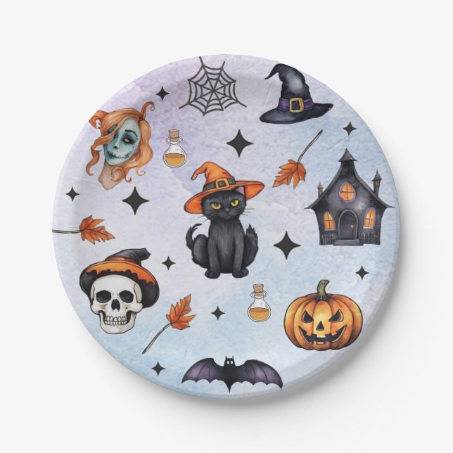 Halloween Watercolor Pumpkin Cat Skull Pattern    Paper Plate (Front)
