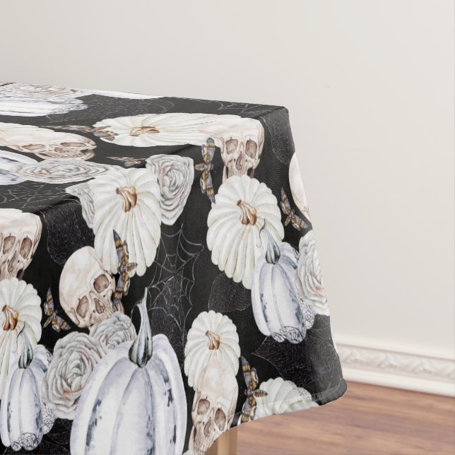 Halloween Watercolor Pumpkins Skulls Black White Tablecloth (In Situ)