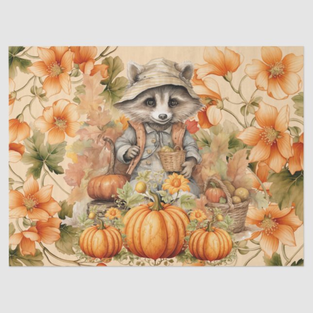 Halloween Watercolor Racoon & Pumpkins Decoupage Tissue Paper (Front)