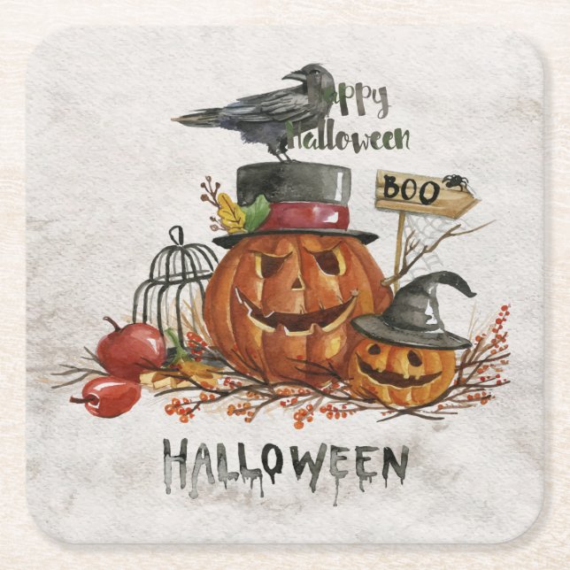 Halloween Watercolor Scary Pumpkins Square Paper Coaster (Front)