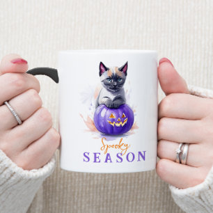 Halloween watercolor siamese cat with pumpkin magic mug
