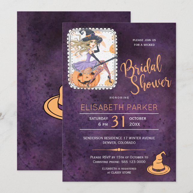 Halloween watercolor witch bridal shower party invitation (Front/Back)
