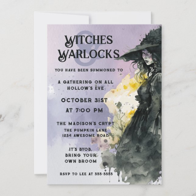 Halloween Watercolor Witch Invitation (Front)