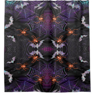 Halloween Web Orange Spider Cute Bats Black Purple Shower Curtain