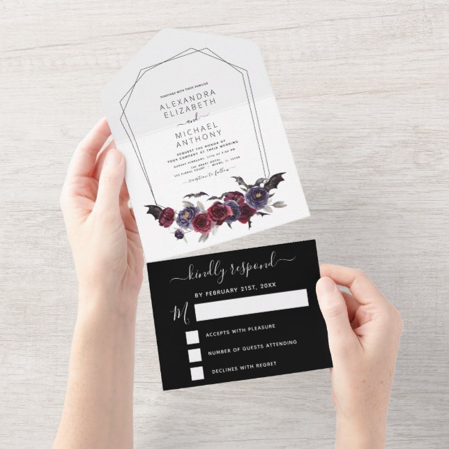 Halloween Wedding Autumn Fall Dark Burgundy Black All In One Invitation (Tearaway)