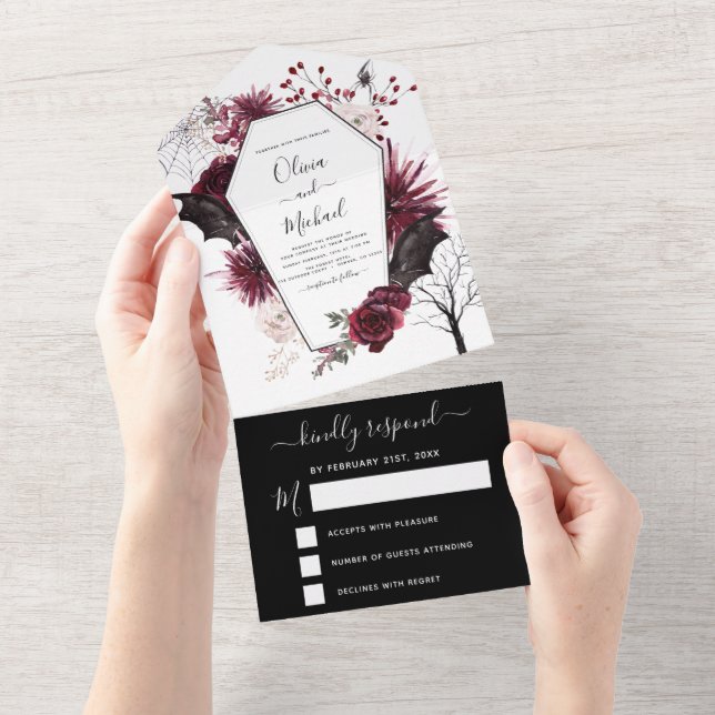 Halloween Wedding Autumn Fall Dark Burgundy Black All In One Invitation (Tearaway)