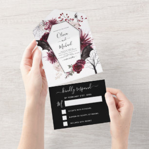 Halloween Wedding Autumn Fall Dark Burgundy Black All In One Invitation