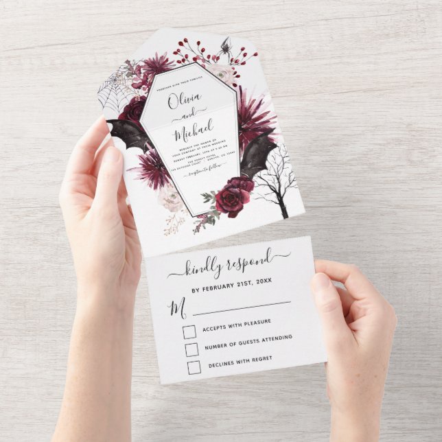 Halloween Wedding Autumn Fall Dark Burgundy Black All In One Invitation (Tearaway)