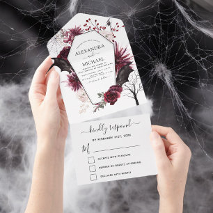 Halloween Wedding Autumn Fall Dark Burgundy Black All In One Invitation