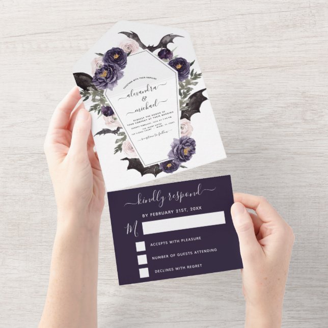 Halloween Wedding Autumn Fall Dark Purple All In One Invitation (Tearaway)