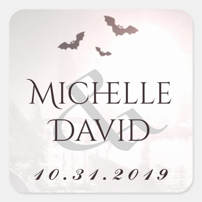 Halloween Wedding Bats Names & Date Square Label (Front)