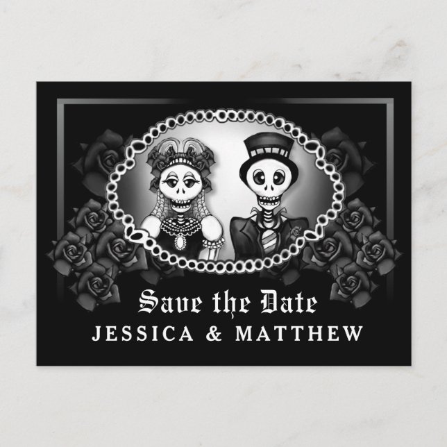 Halloween Wedding Black White Fun Skeletons Announcement Postcard (Front)